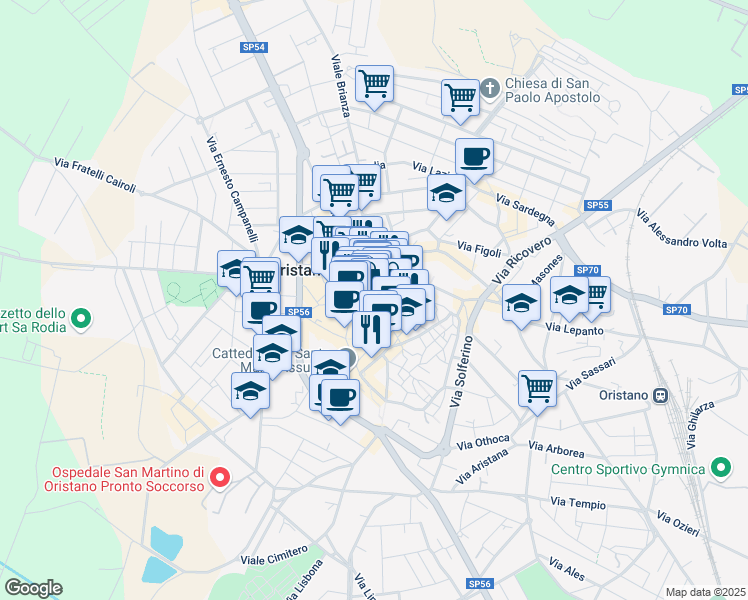 map of restaurants, bars, coffee shops, grocery stores, and more near 31 Via Parpaglia in Oristano