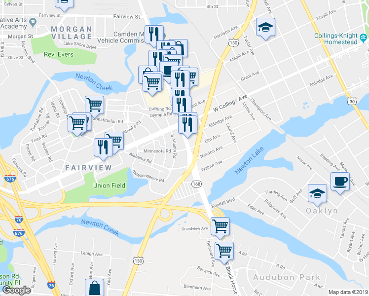map of restaurants, bars, coffee shops, grocery stores, and more near 1685 Minnesota Road in Camden