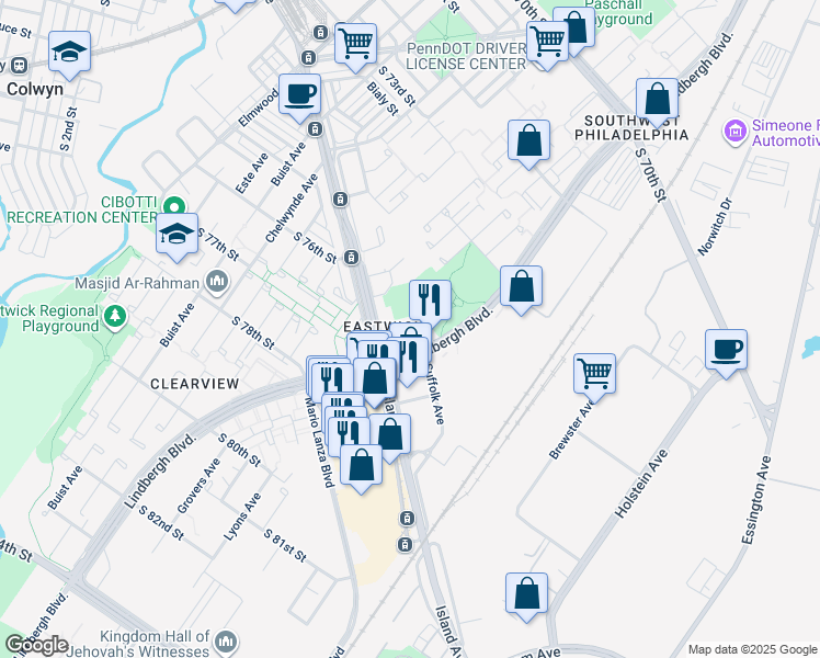 map of restaurants, bars, coffee shops, grocery stores, and more near 7620 Lindbergh Boulevard in Philadelphia