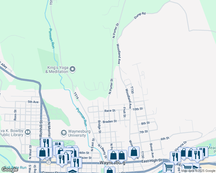 map of restaurants, bars, coffee shops, grocery stores, and more near 204 Mountain View Road in Waynesburg