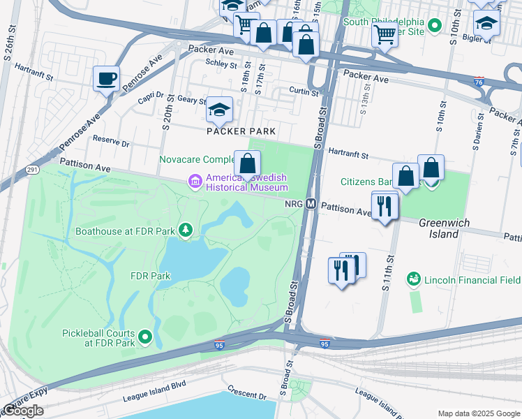 map of restaurants, bars, coffee shops, grocery stores, and more near 1800 Pattison Avenue in Philadelphia
