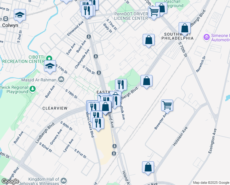 map of restaurants, bars, coffee shops, grocery stores, and more near 7620 Lindbergh Boulevard in Philadelphia