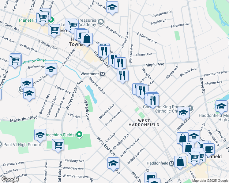 map of restaurants, bars, coffee shops, grocery stores, and more near 405 Westmont Avenue in Haddon Township