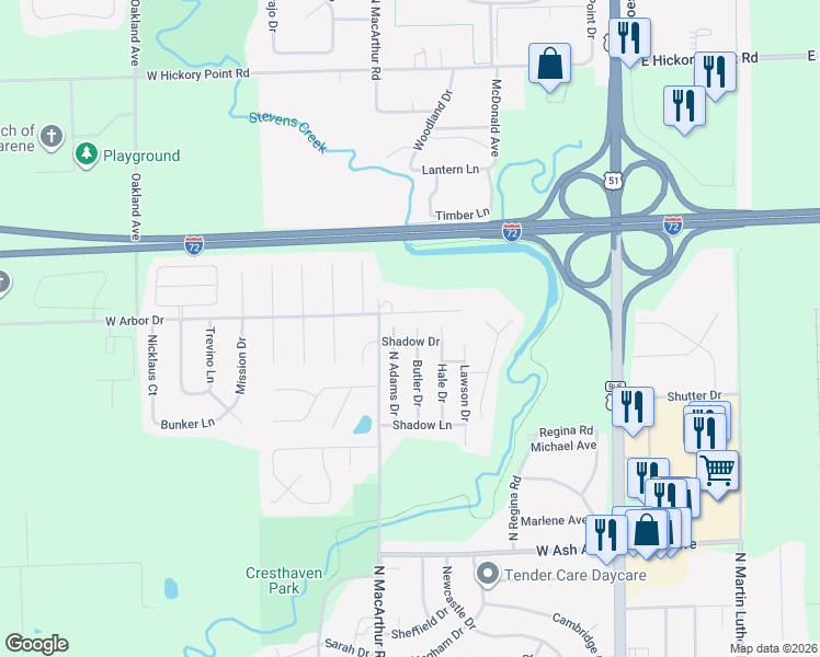 map of restaurants, bars, coffee shops, grocery stores, and more near 531-561 Shadow Drive in Decatur