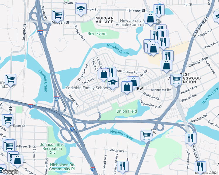 map of restaurants, bars, coffee shops, grocery stores, and more near 1187 South Octagon Road in Camden