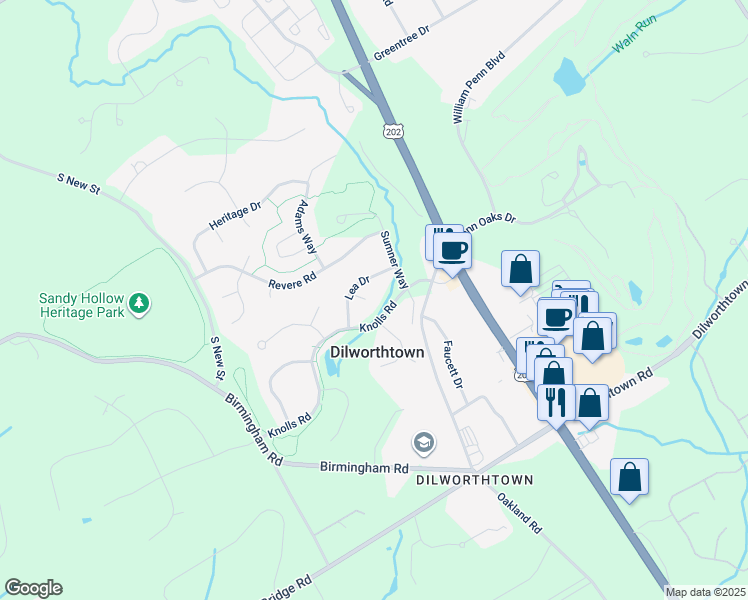 map of restaurants, bars, coffee shops, grocery stores, and more near 1321 Vale Drive in West Chester