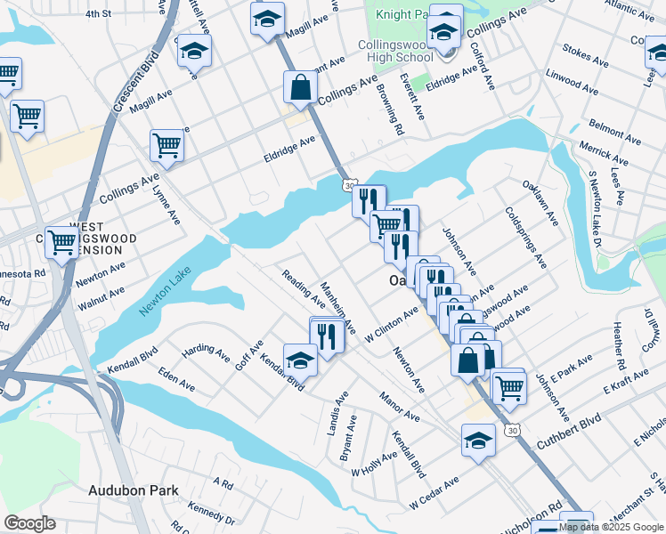 map of restaurants, bars, coffee shops, grocery stores, and more near 207 Manheim Avenue in Oaklyn