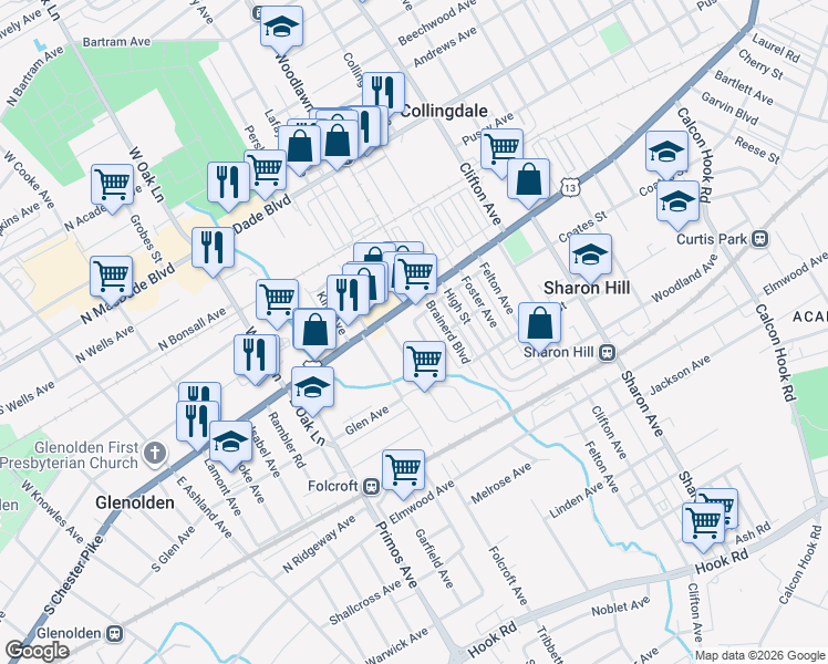 map of restaurants, bars, coffee shops, grocery stores, and more near 112 Burton Lane East in Sharon Hill