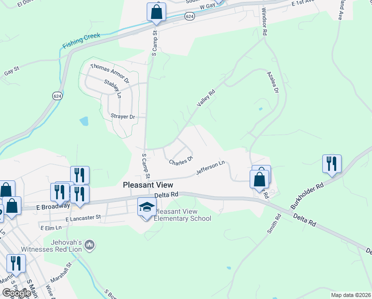 map of restaurants, bars, coffee shops, grocery stores, and more near 120 Charles Drive in Red Lion