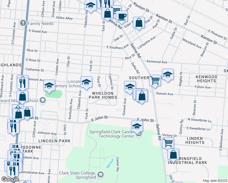 map of restaurants, bars, coffee shops, grocery stores, and more near 1618 Cypress Street in Springfield