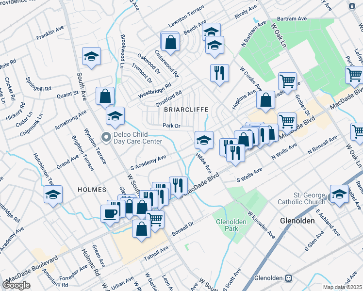 map of restaurants, bars, coffee shops, grocery stores, and more near 240 South Academy Avenue in Glenolden