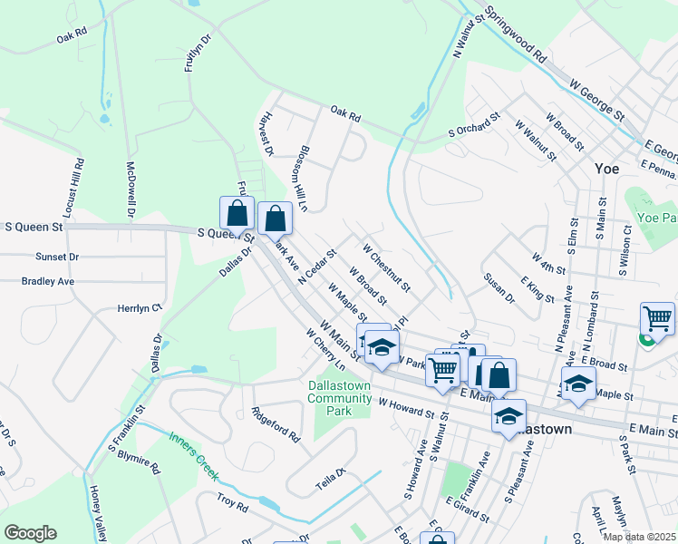map of restaurants, bars, coffee shops, grocery stores, and more near 360 West Broad Street in Dallastown