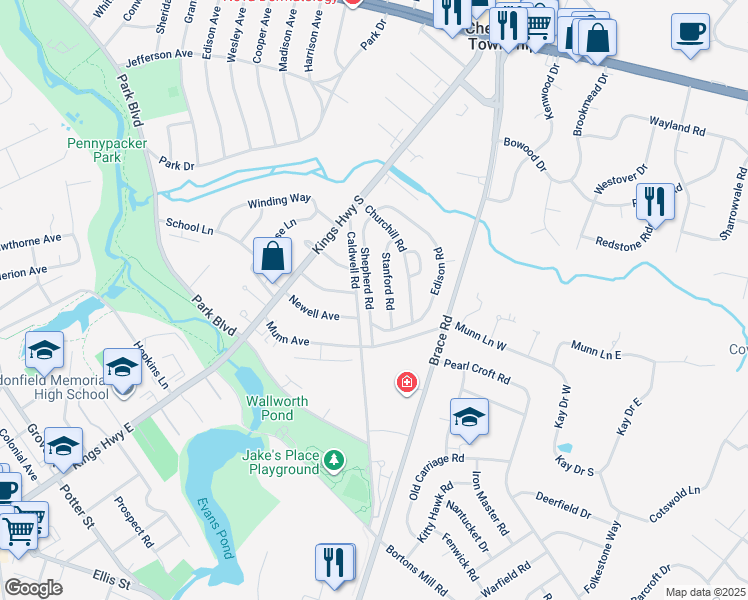 map of restaurants, bars, coffee shops, grocery stores, and more near 64 Shepherd Road in Cherry Hill Township