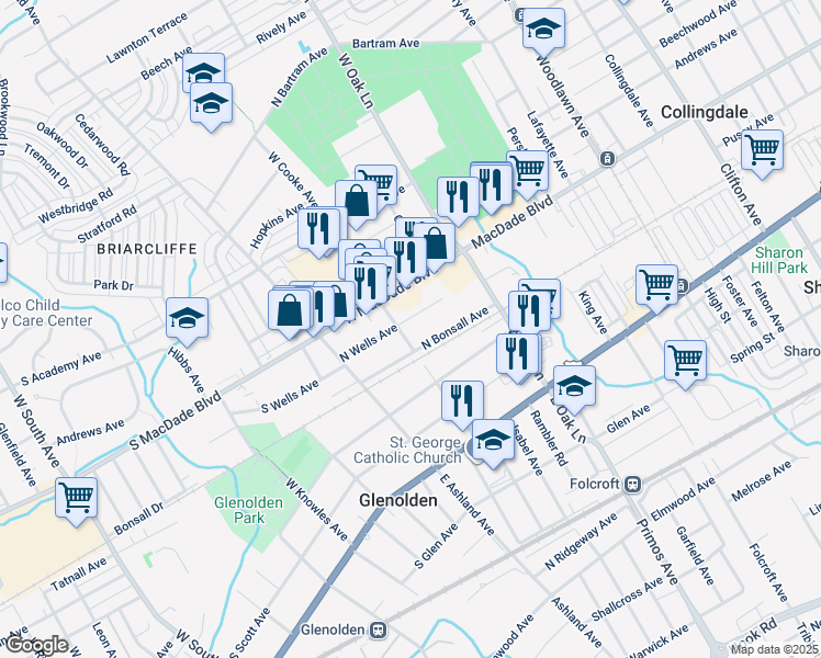 map of restaurants, bars, coffee shops, grocery stores, and more near 103 North Wells Avenue in Glenolden
