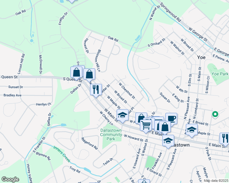 map of restaurants, bars, coffee shops, grocery stores, and more near 360 West Broad Street in Dallastown