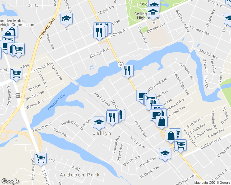 map of restaurants, bars, coffee shops, grocery stores, and more near 126 Newton Avenue in Oaklyn