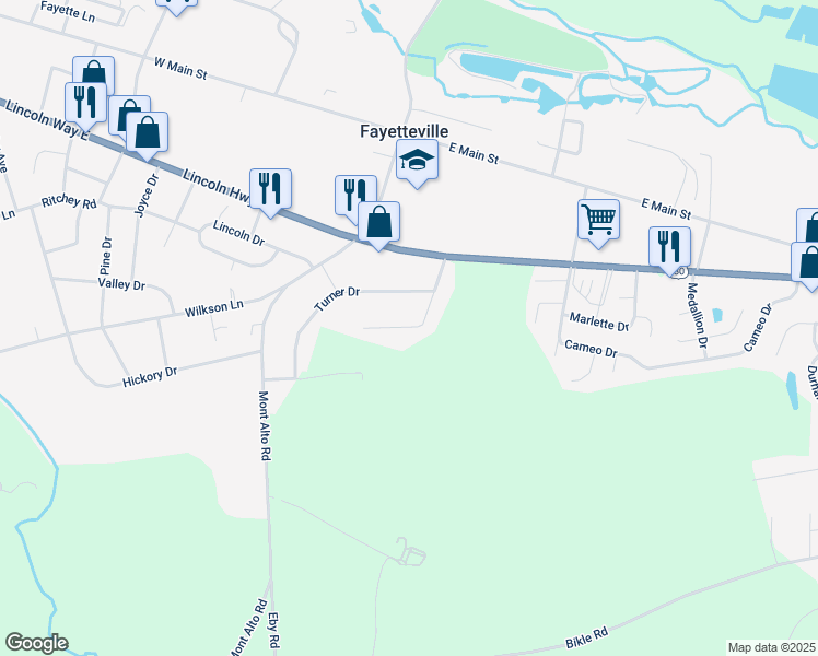 map of restaurants, bars, coffee shops, grocery stores, and more near 40 Turner Drive in Fayetteville