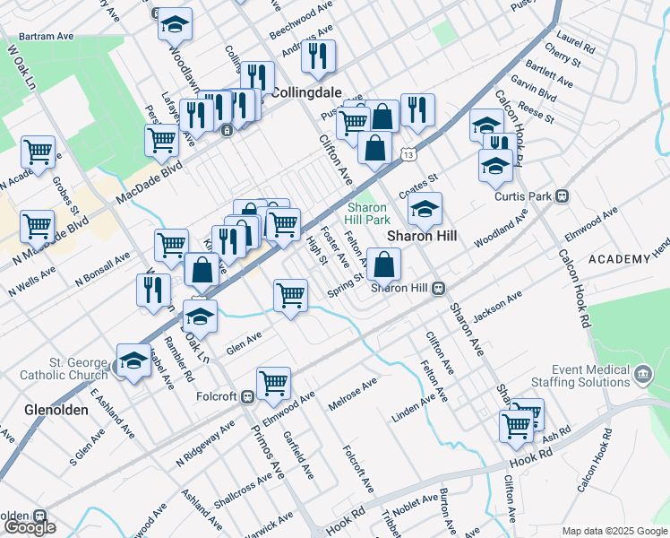 map of restaurants, bars, coffee shops, grocery stores, and more near 215 High Street in Sharon Hill