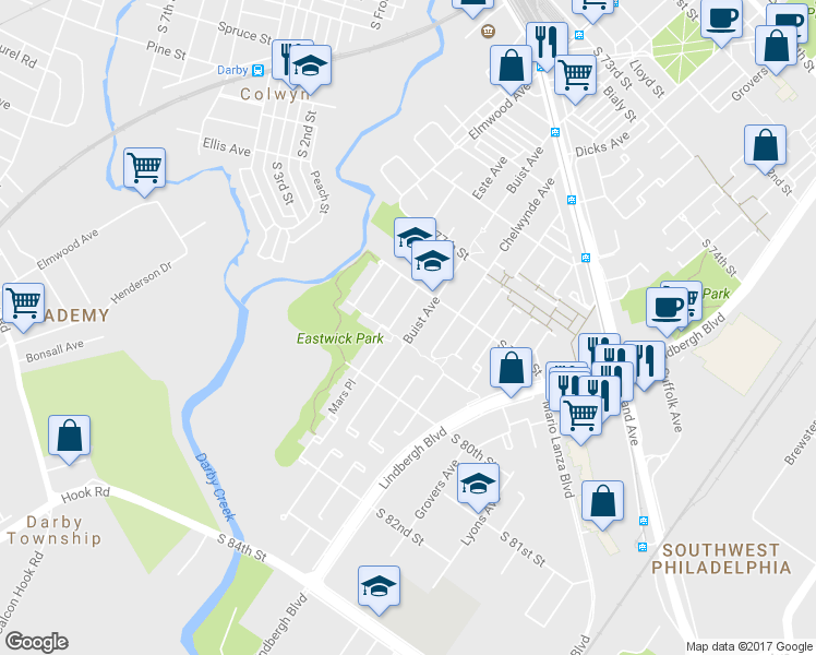 map of restaurants, bars, coffee shops, grocery stores, and more near 7835 Buist Avenue in Philadelphia