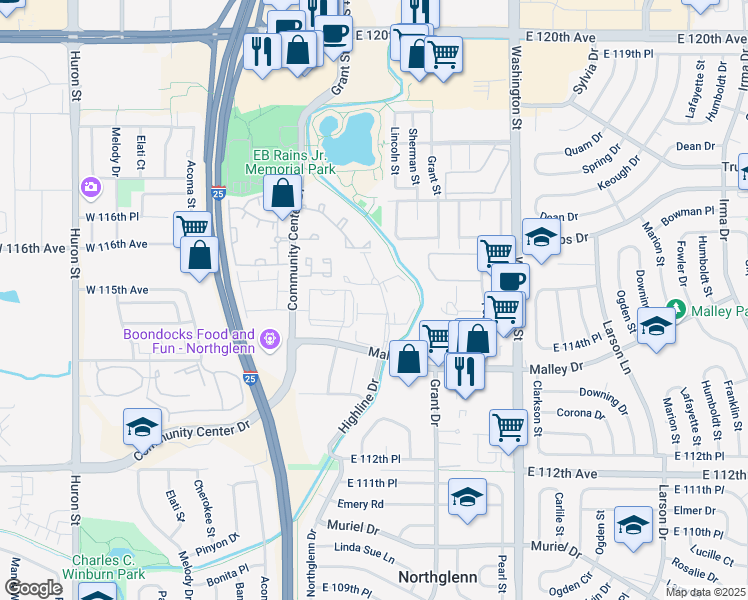 map of restaurants, bars, coffee shops, grocery stores, and more near 301 Malley Drive in Northglenn