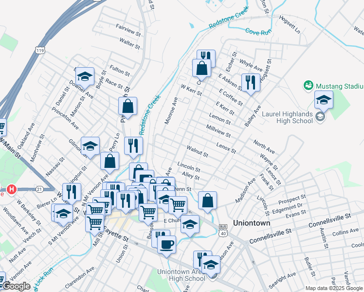 map of restaurants, bars, coffee shops, grocery stores, and more near 148 North Gallatin Avenue in Uniontown