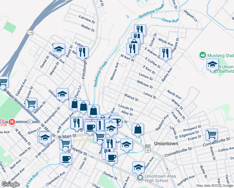 map of restaurants, bars, coffee shops, grocery stores, and more near 53 West Walnut Street in Uniontown