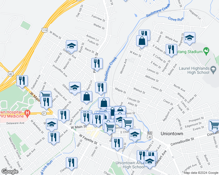 map of restaurants, bars, coffee shops, grocery stores, and more near 18 Walnut Street in Uniontown