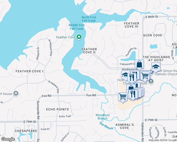 map of restaurants, bars, coffee shops, grocery stores, and more near 8222 Windhaven Circle in Indianapolis