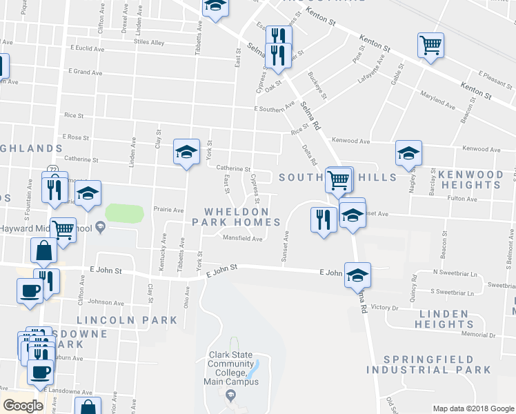 map of restaurants, bars, coffee shops, grocery stores, and more near 1615 Cypress Street in Springfield