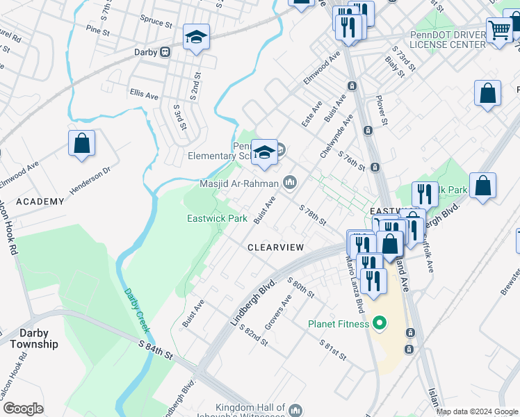 map of restaurants, bars, coffee shops, grocery stores, and more near 7835 Buist Avenue in Philadelphia