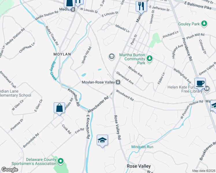 map of restaurants, bars, coffee shops, grocery stores, and more near 485 Bancroft Road in Media