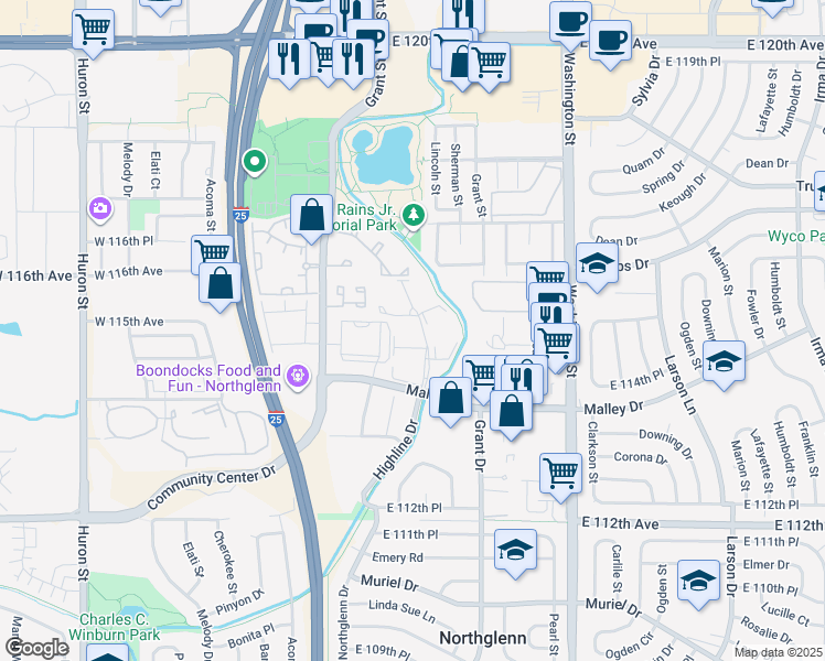 map of restaurants, bars, coffee shops, grocery stores, and more near 301 Malley Drive in Northglenn