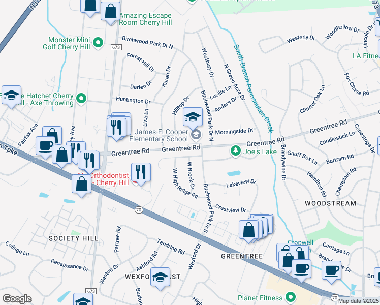 map of restaurants, bars, coffee shops, grocery stores, and more near 1960 Greentree Road in Cherry Hill