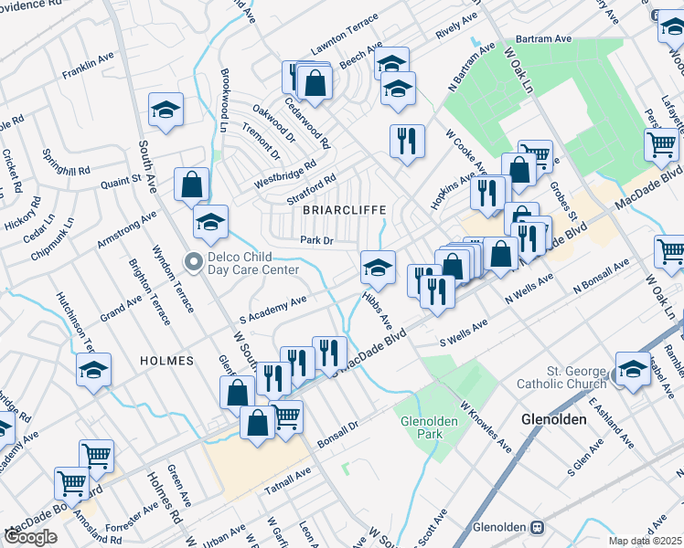 map of restaurants, bars, coffee shops, grocery stores, and more near 230 South Academy Avenue in Glenolden