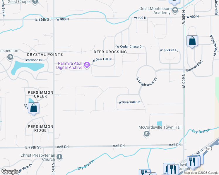 map of restaurants, bars, coffee shops, grocery stores, and more near West Treeline Lane in McCordsville