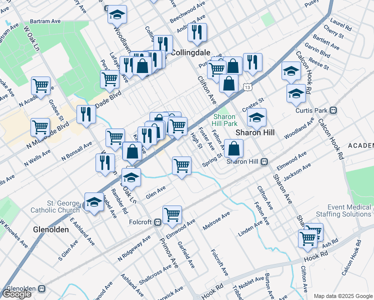 map of restaurants, bars, coffee shops, grocery stores, and more near 124 Brainerd Boulevard in Sharon Hill