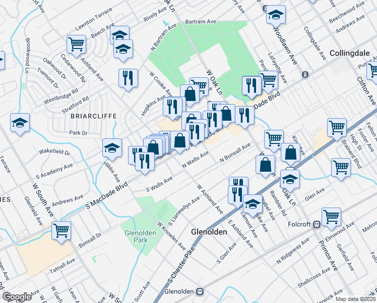 map of restaurants, bars, coffee shops, grocery stores, and more near 56 North Macdade Boulevard in Glenolden
