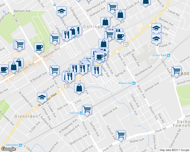 map of restaurants, bars, coffee shops, grocery stores, and more near 124 Brainerd Boulevard in Sharon Hill