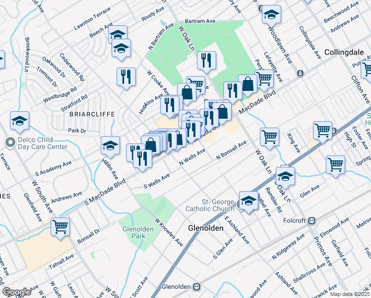 map of restaurants, bars, coffee shops, grocery stores, and more near 19 North Macdade Boulevard in Glenolden
