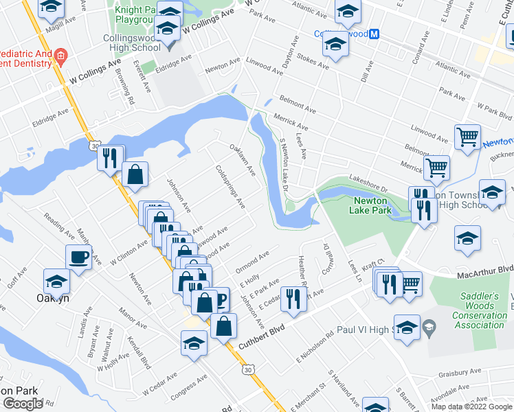 map of restaurants, bars, coffee shops, grocery stores, and more near 212 East Clinton Avenue in Oaklyn