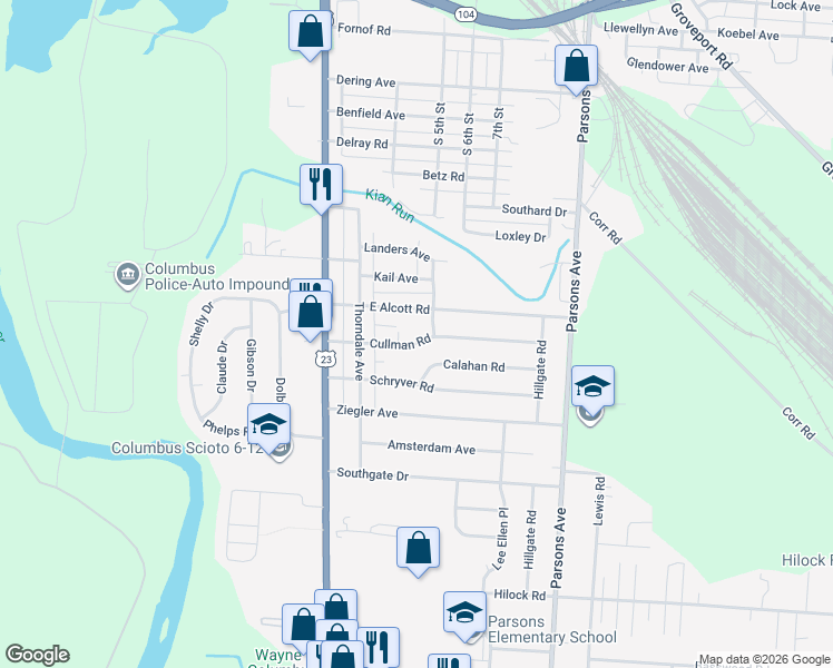 map of restaurants, bars, coffee shops, grocery stores, and more near 129 East Alcott Road in Columbus