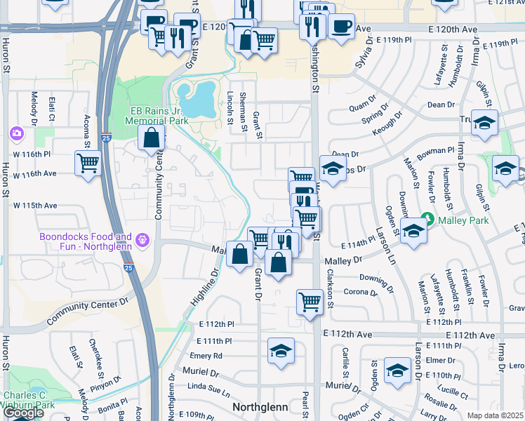 map of restaurants, bars, coffee shops, grocery stores, and more near 11501 Washington Street in Northglenn