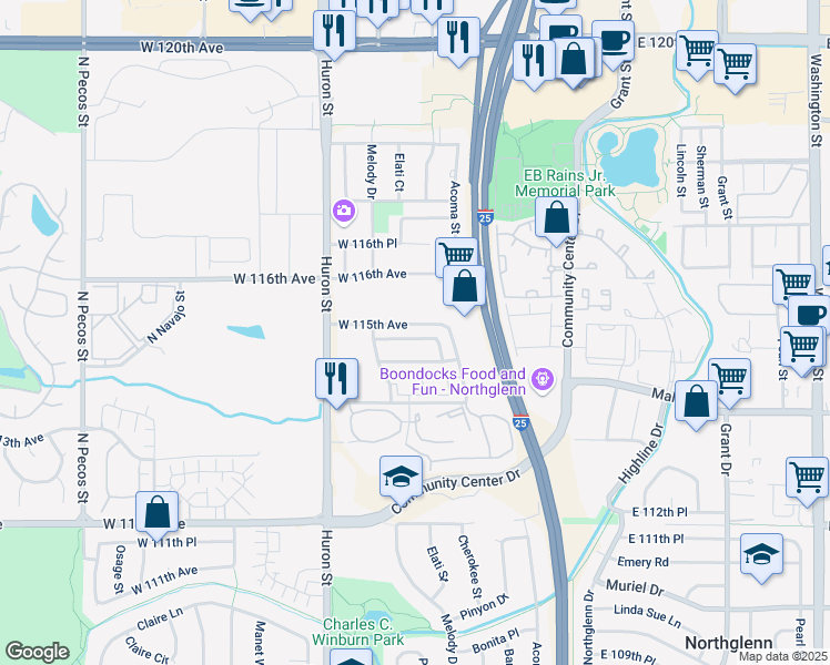 map of restaurants, bars, coffee shops, grocery stores, and more near 525 West 115th Avenue in Northglenn