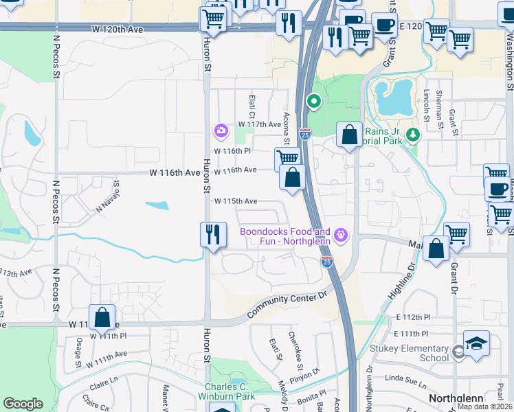 map of restaurants, bars, coffee shops, grocery stores, and more near 525 West 115th Avenue in Northglenn