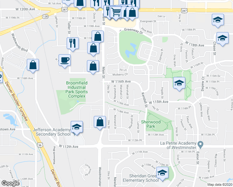 map of restaurants, bars, coffee shops, grocery stores, and more near 11563 Newland Street in Broomfield