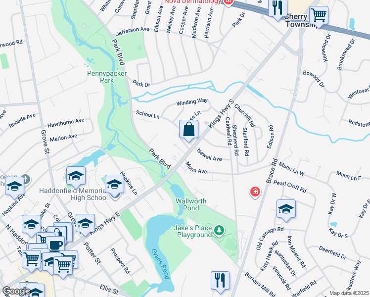 map of restaurants, bars, coffee shops, grocery stores, and more near 35 Rose Lane in Cherry Hill