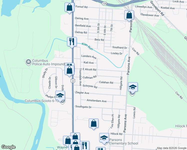 map of restaurants, bars, coffee shops, grocery stores, and more near 129 East Alcott Road in Columbus