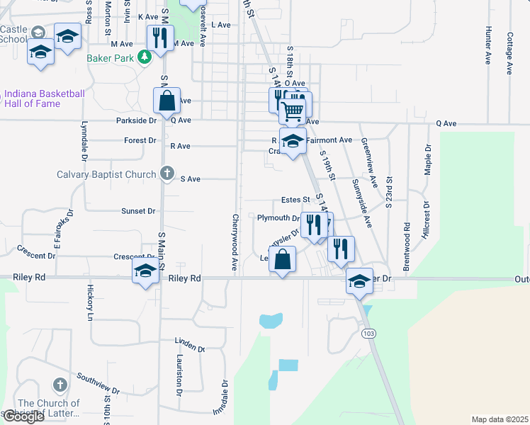 map of restaurants, bars, coffee shops, grocery stores, and more near 1600-1698 Estes Street in New Castle