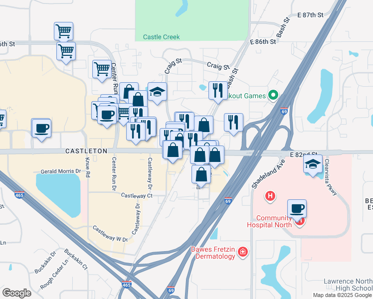 map of restaurants, bars, coffee shops, grocery stores, and more near 8255 Craig Street in Indianapolis