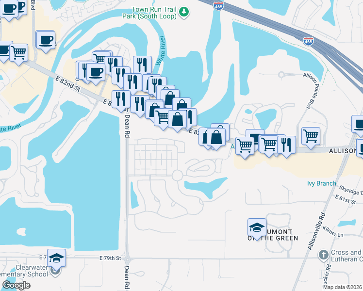 map of restaurants, bars, coffee shops, grocery stores, and more near 4335 East 82nd Street in Indianapolis
